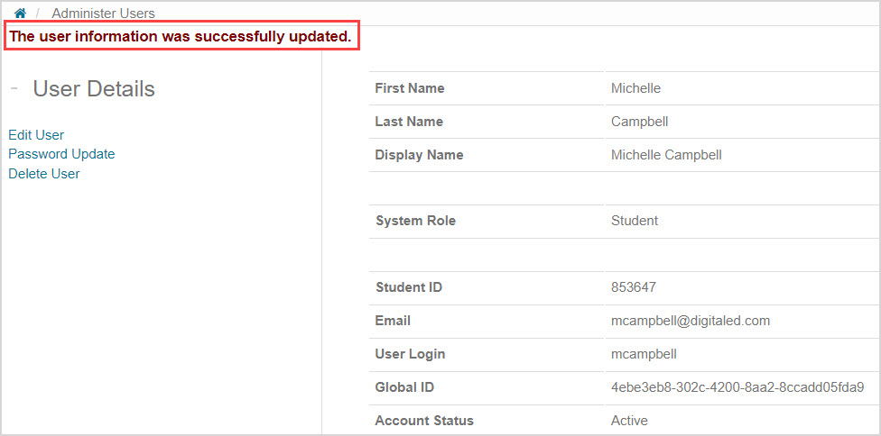 The success message of "The user information was successfully updated" appears at the top of the user profile page.